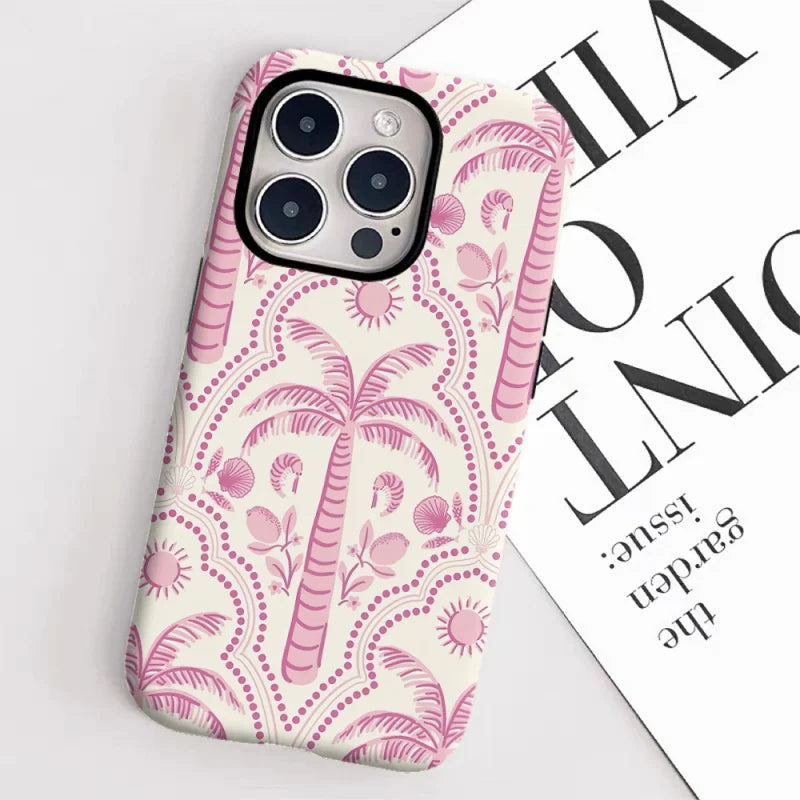 Pink Coconut Tree 2-in-1 Glossy Tough Case for iPhone 16 Pro Max 15 14 12 Mini XR