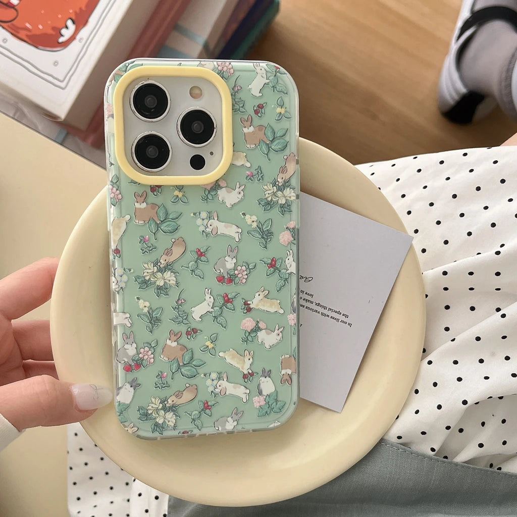 Full Screen Colorful Flowers & Rabbit Shockproof Case for iPhone 13–16 Pro Max