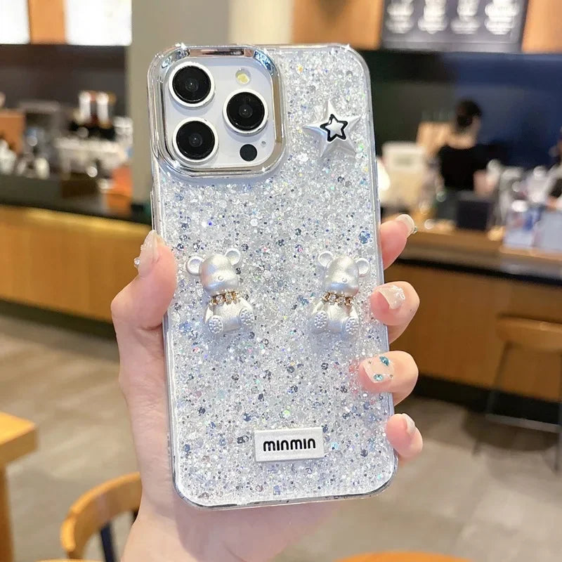 Korean Epoxy Bear Case for iPhone 14–16 Pro Max – Luxury Ring & Glitter Cover