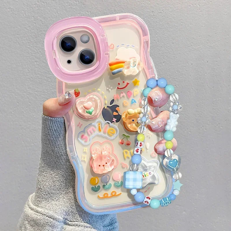 Bead Bracelet Chain Phone Holder Case for iPhone 15–11 Pro Max, 3D Rainbow Stand
