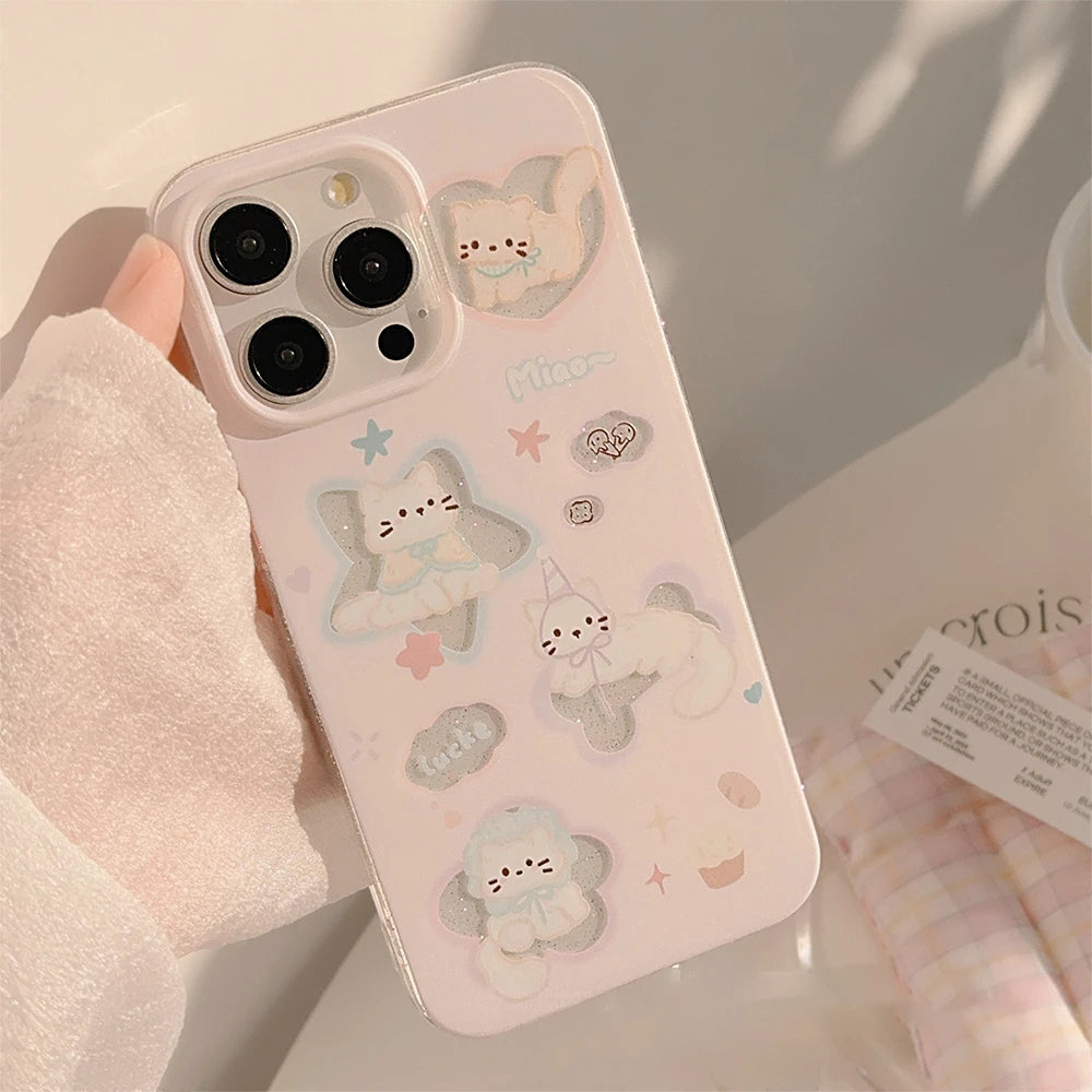 Korean Glitter Cartoon Cat Phone Case for iPhone 15 14 13 12 Pro Max