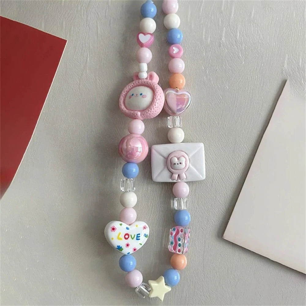 Korean Pink Rabbit Heart Star Beaded Phone Charm Lanyard for iPhone