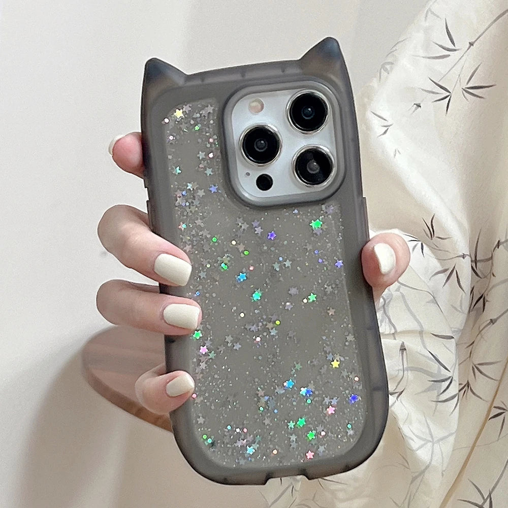 Cute Cat Ear Glitter Transparent Case for iPhone 16 15 14 13 12 11 Pro Max