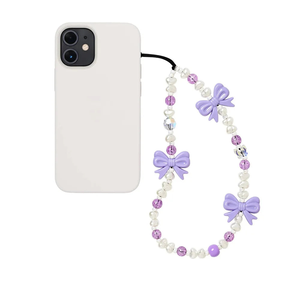 Korean Pink Bow Pearl Phone Charm – Y2K Beaded Strap for Cases