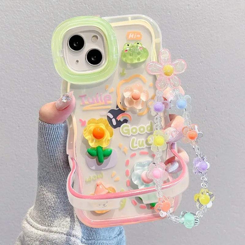 Flower Bracelet Chain Phone Case for iPhone 11–16 Pro Max – Frog & Rabbit Stand