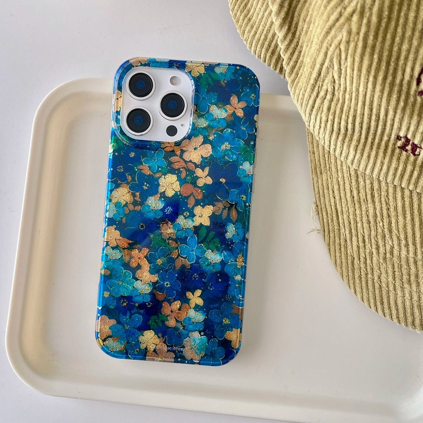 Blue Yellow Floral Gold Foil Sparkle Case for iPhone 13–16 Pro Max