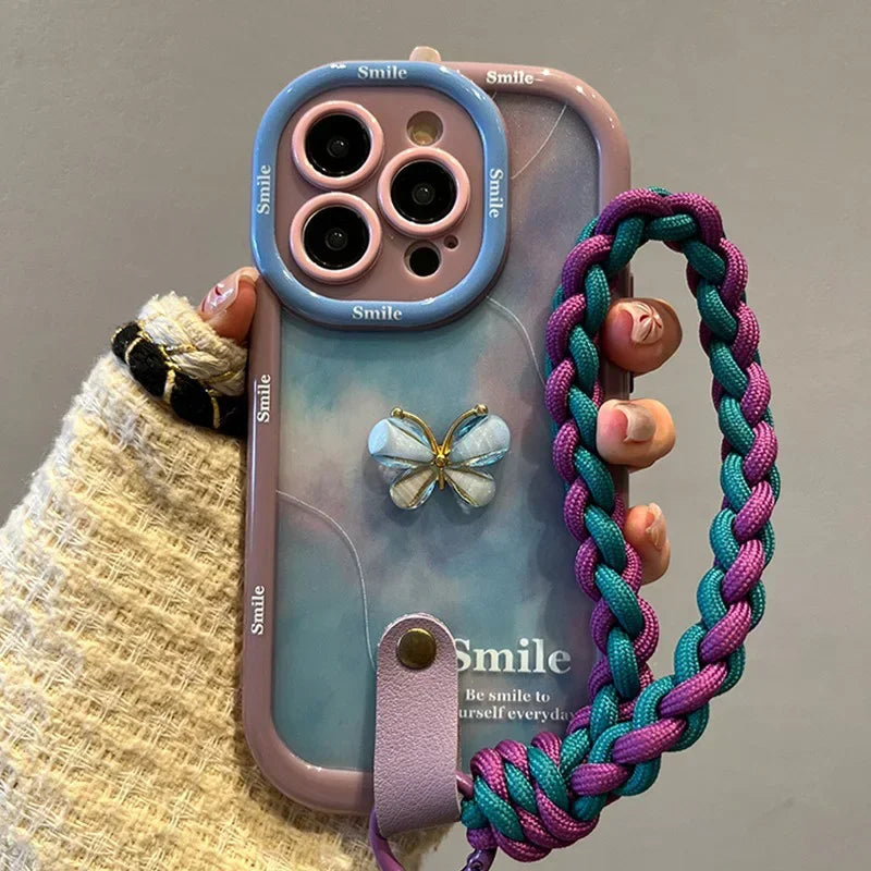 Wrist Chain Lanyard Phone Case for iPhone 16–11 Pro Max, 3D Bow Butterfly Design