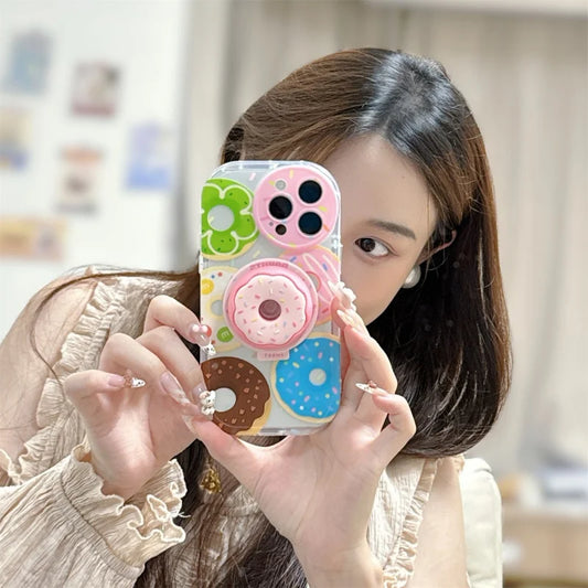 Cute 3D Doughnut MagSafe Griptok Phone Holder for iPhone 15–16, Foldable Stand