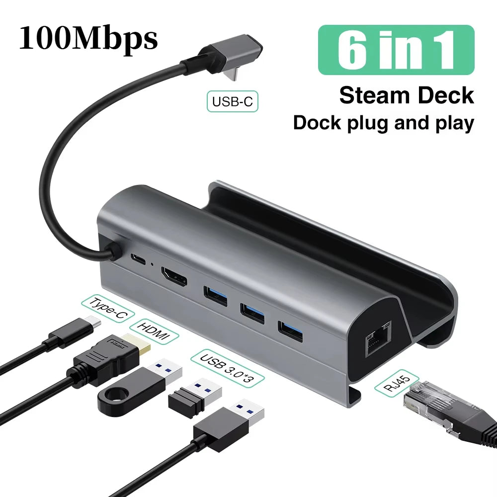 6-in-1 Docking Station for Steam Deck USB-C to HDMI 4K 60Hz RJ45 USB3.0 HUB