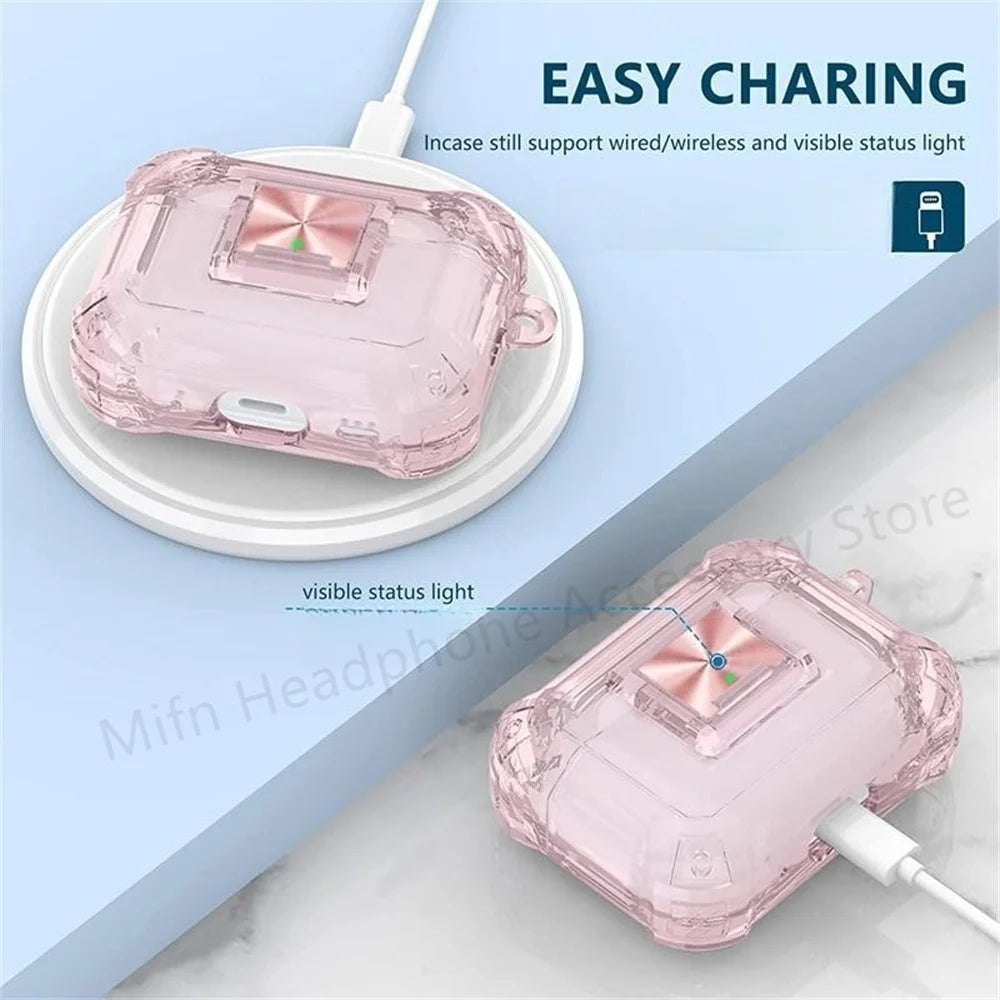 Transparent Lock Case for AirPods Pro 1 2 3 with Lanyard & Keyring
