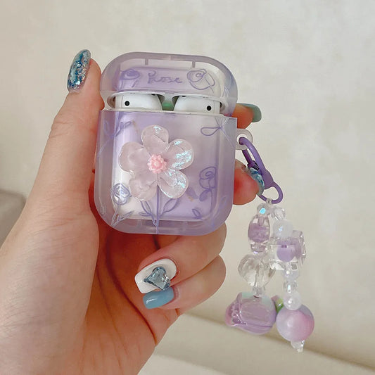 3D Flower Soft TPU AirPods Case for Pro 2/4, 1–4 – Purple Rose with Keychain