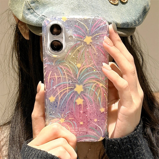 Korean Glitter Fireworks Star Case for iPhone 13–16 Pro Max – Clear & Bling