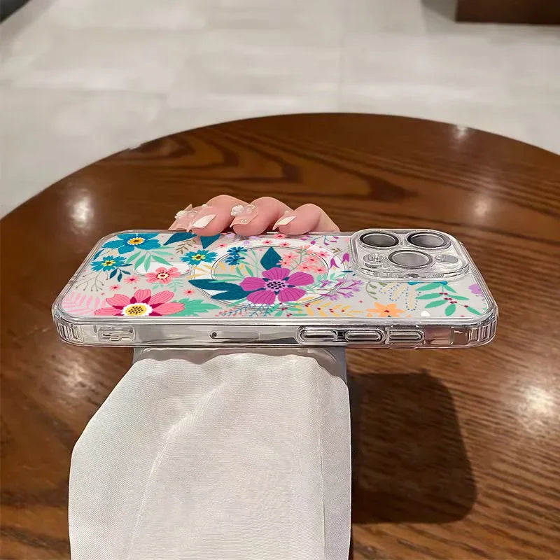Colorful Floral MagSafe Clear Case for iPhone 11–16 Pro Max SE2/7/8 Plus