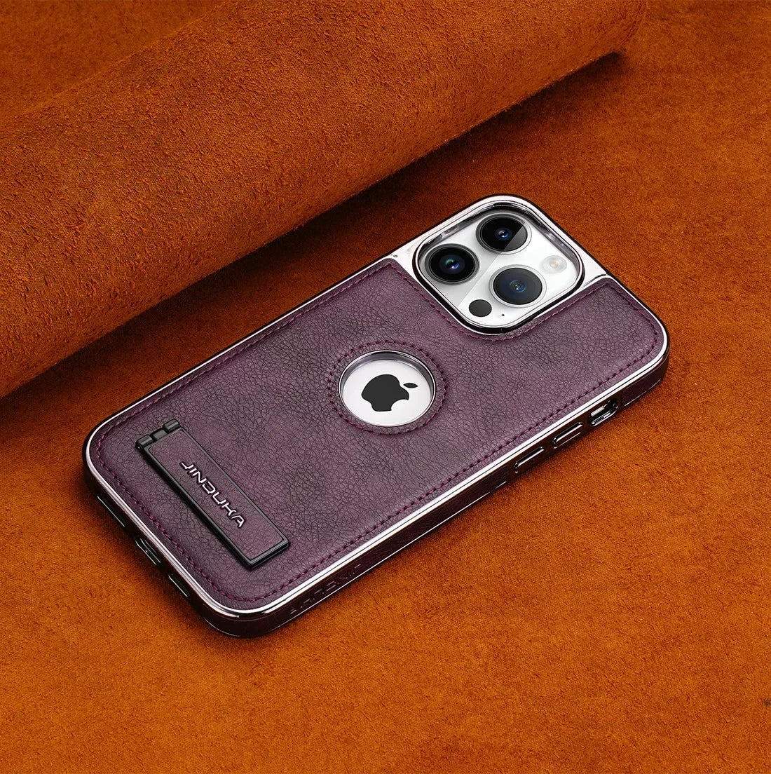 Invisible Fold Stand Leather Case for iPhone 16–11 Pro Max with Gold Bezel