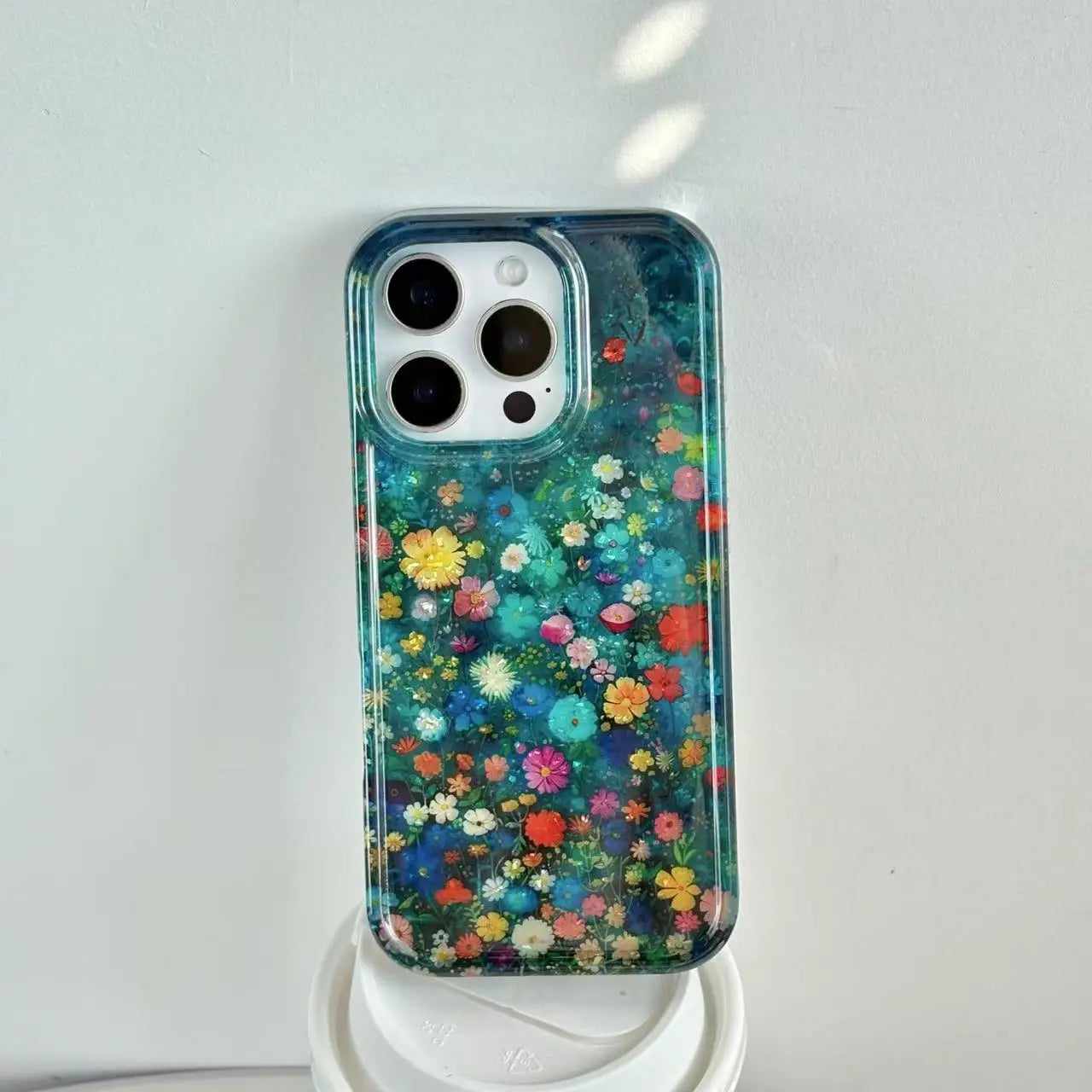Blue Wildflower Glitter Case for iPhone 12–16 Pro Max – Glossy & Sparkly