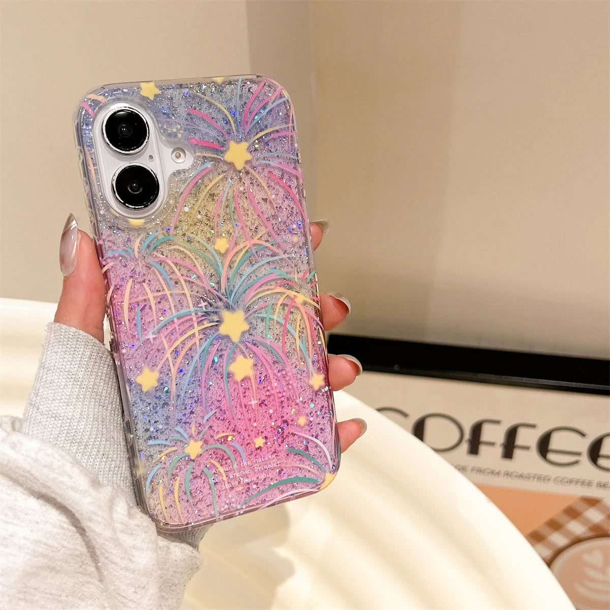 Korean Glitter Fireworks Star Case for iPhone 13–16 Pro Max – Clear & Bling