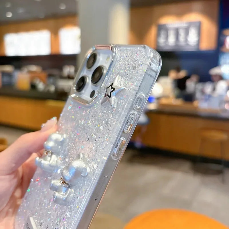 Korean Epoxy Bear Case for iPhone 14–16 Pro Max – Luxury Ring & Glitter Cover