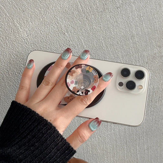 Magnetic Pop Socket Cartoon Bear Phone Holder with Wireless Charging Support