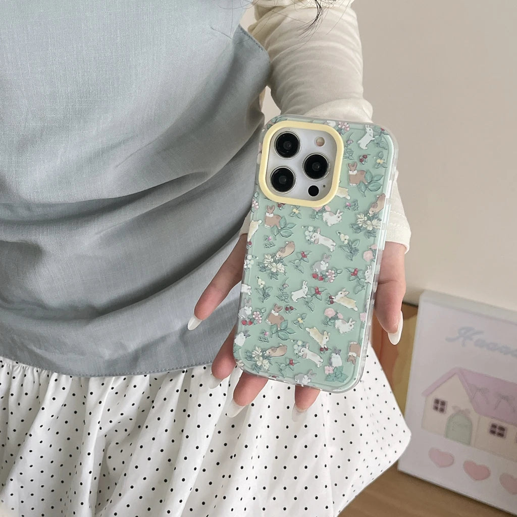 Full Screen Colorful Flowers & Rabbit Shockproof Case for iPhone 13–16 Pro Max