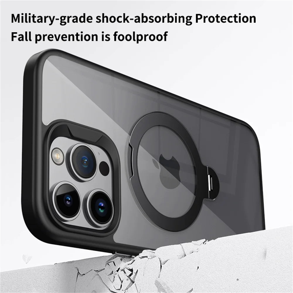 Clear Magnetic iPhone Case with Rotating Folding Stand β 12 to 16 Pro Max