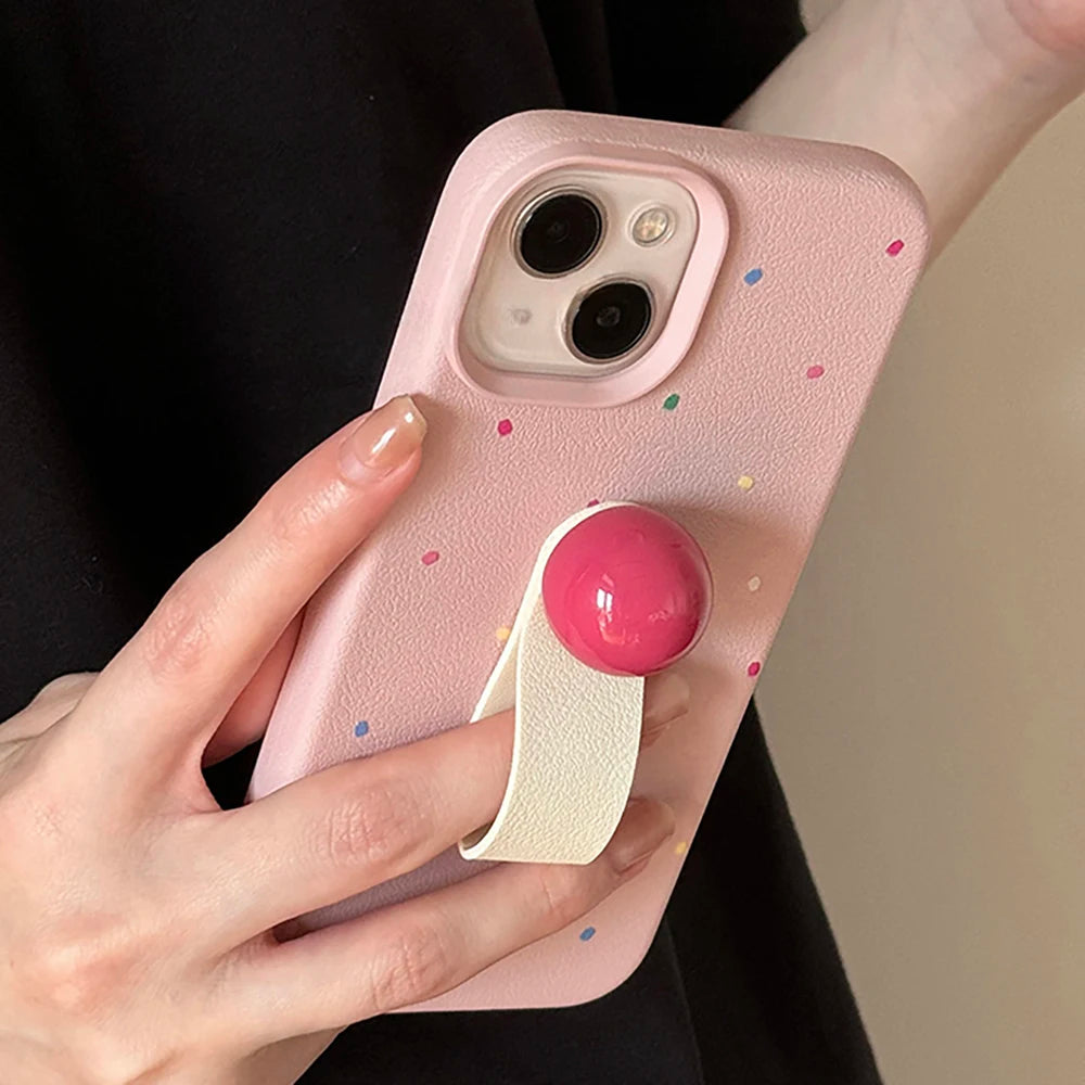 Korean 3D Colored Ball Ring Stand Leather Phone Case for iPhone 15–11 Pro Max
