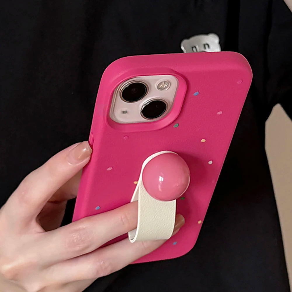 Korean 3D Colored Ball Ring Stand Leather Phone Case for iPhone 15–11 Pro Max