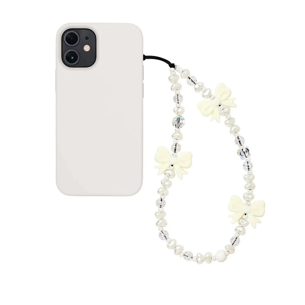 Korean Pink Bow Pearl Phone Charm – Y2K Beaded Strap for Cases