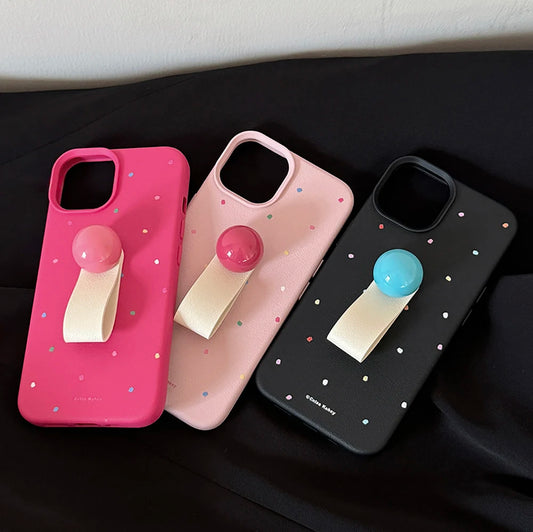 Korean 3D Colored Ball Ring Stand Leather Phone Case for iPhone 15–11 Pro Max