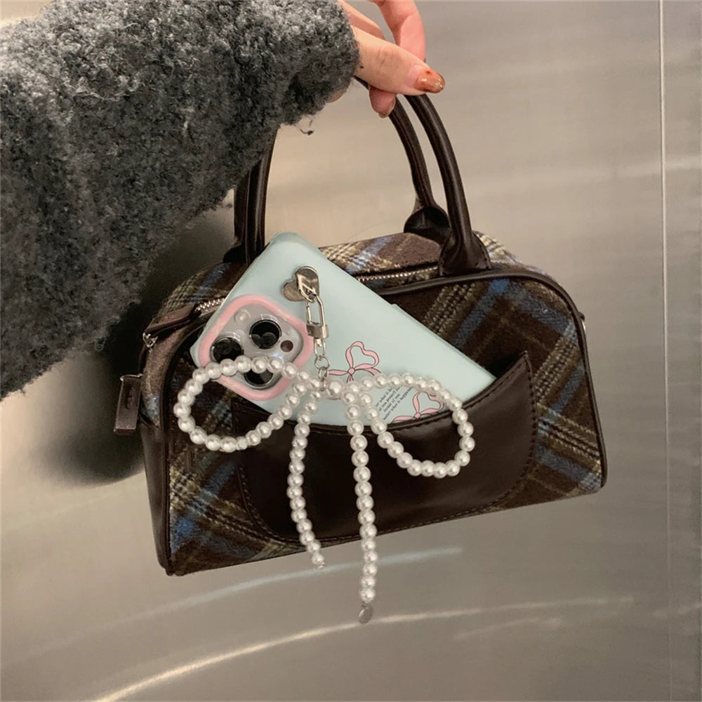 Korean Bow & Pearl Pendant Case for iPhone 11–15 Pro Max – Shockproof Cute