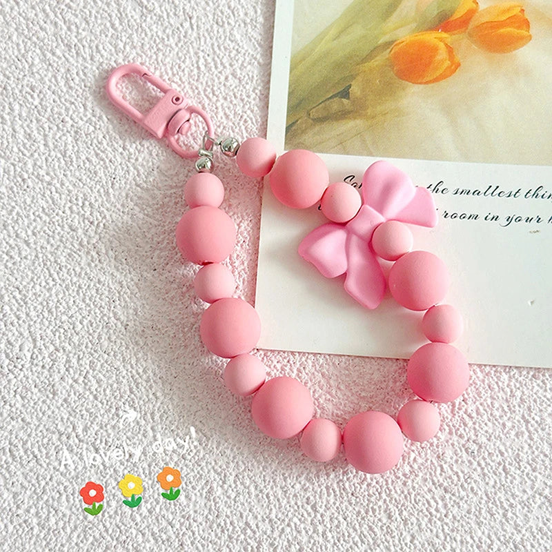 Sweet Pink Bow Beaded Keychain – Phone Strap, Earphone Bag & Keyring Charm
