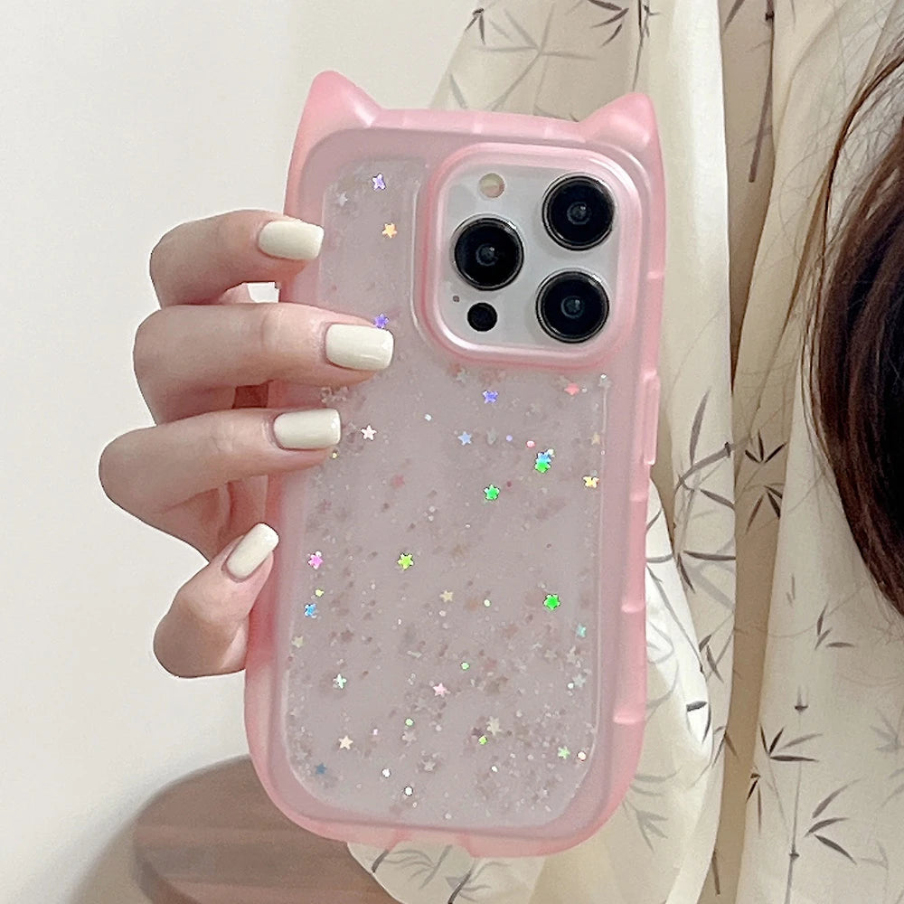Cute Cat Ear Glitter Transparent Case for iPhone 16 15 14 13 12 11 Pro Max
