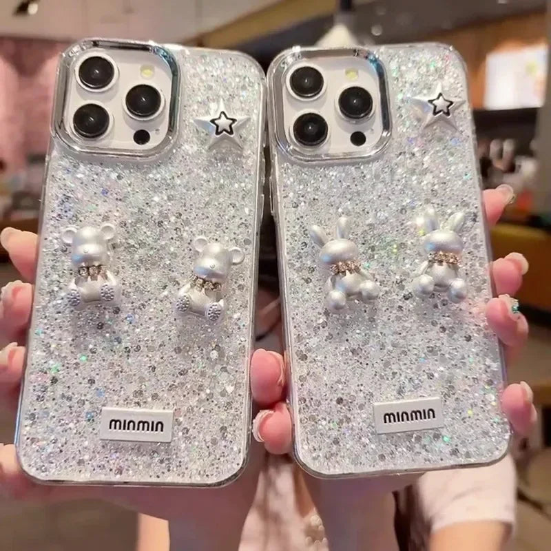 Korean Epoxy Bear Case for iPhone 14–16 Pro Max – Luxury Ring & Glitter Cover