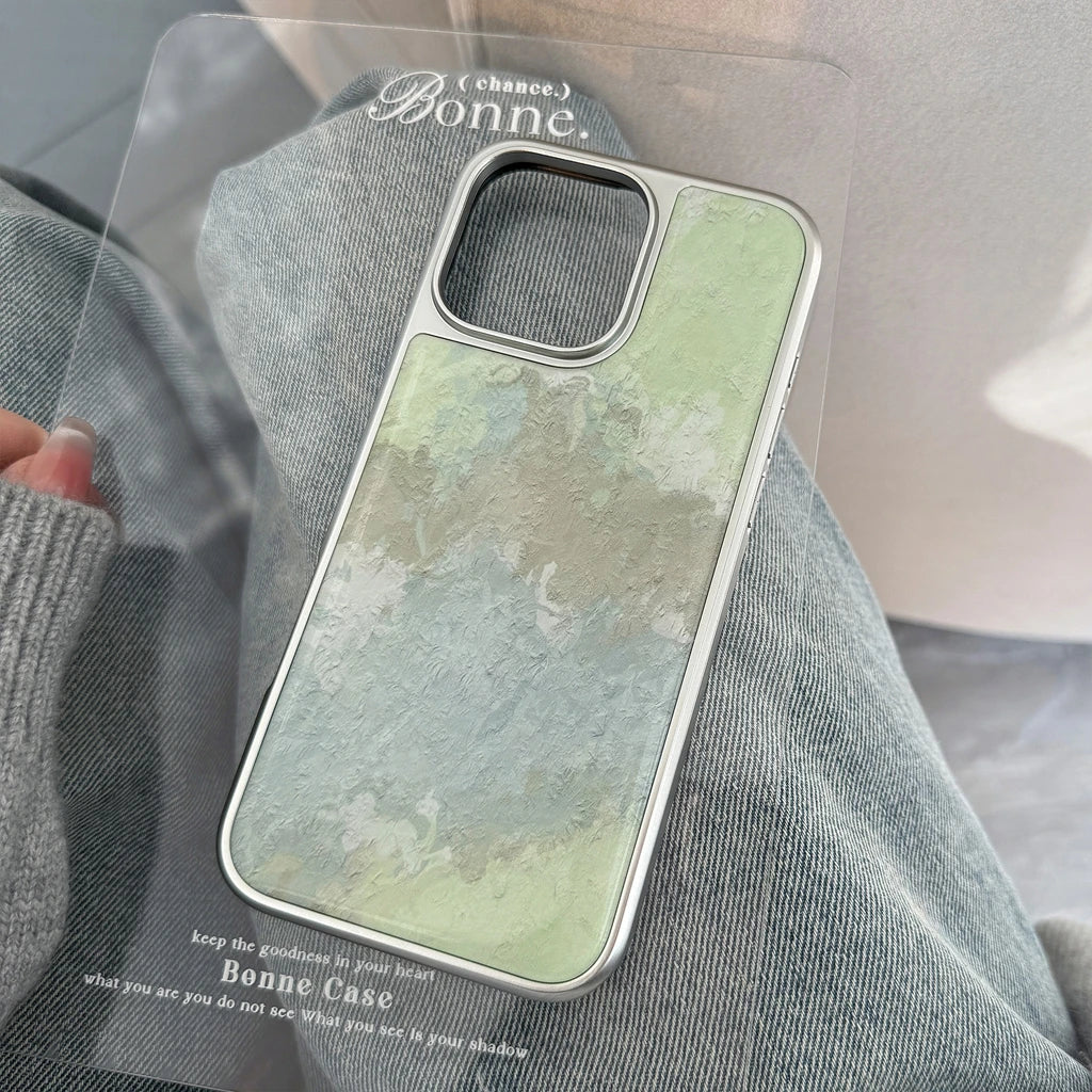Art Green Gradient Oil Painting Drop Glue Case for iPhone 16 15 14 13 Pro Max