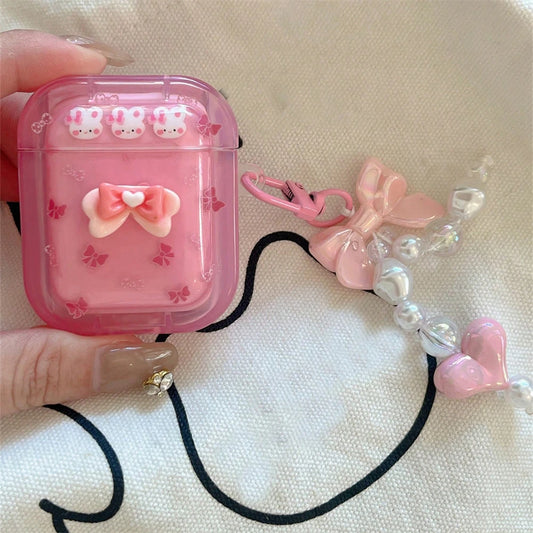 Korean 3D Bowknot Rabbit AirPods Case with Heart Pendant – Pink Soft Cover