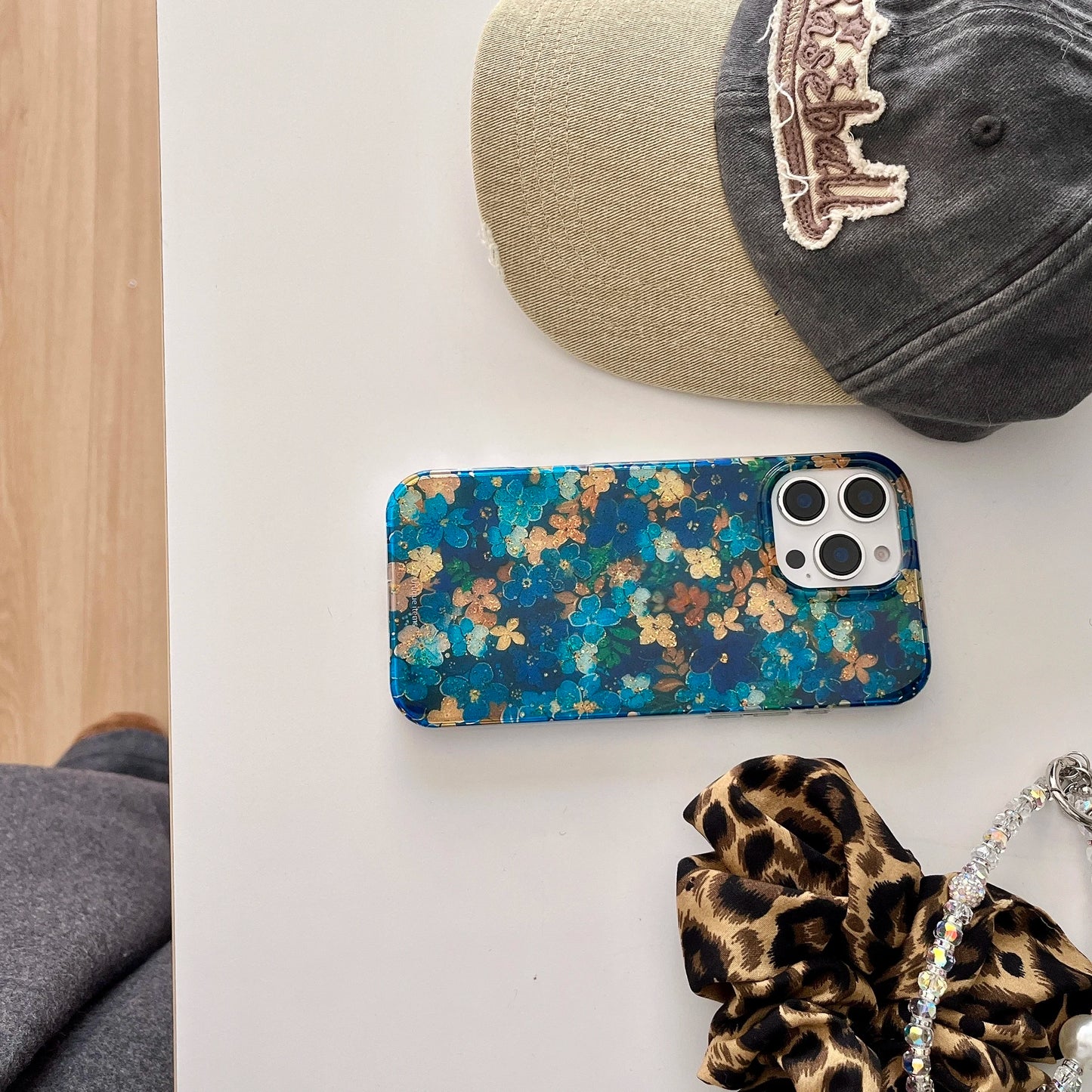 Blue Yellow Floral Gold Foil Sparkle Case for iPhone 13–16 Pro Max