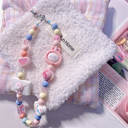 Korean Pink Rabbit Heart Star Beaded Phone Charm Lanyard for iPhone