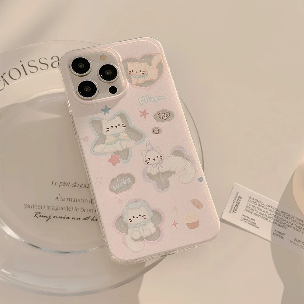 Korean Glitter Cartoon Cat Phone Case for iPhone 15 14 13 12 Pro Max