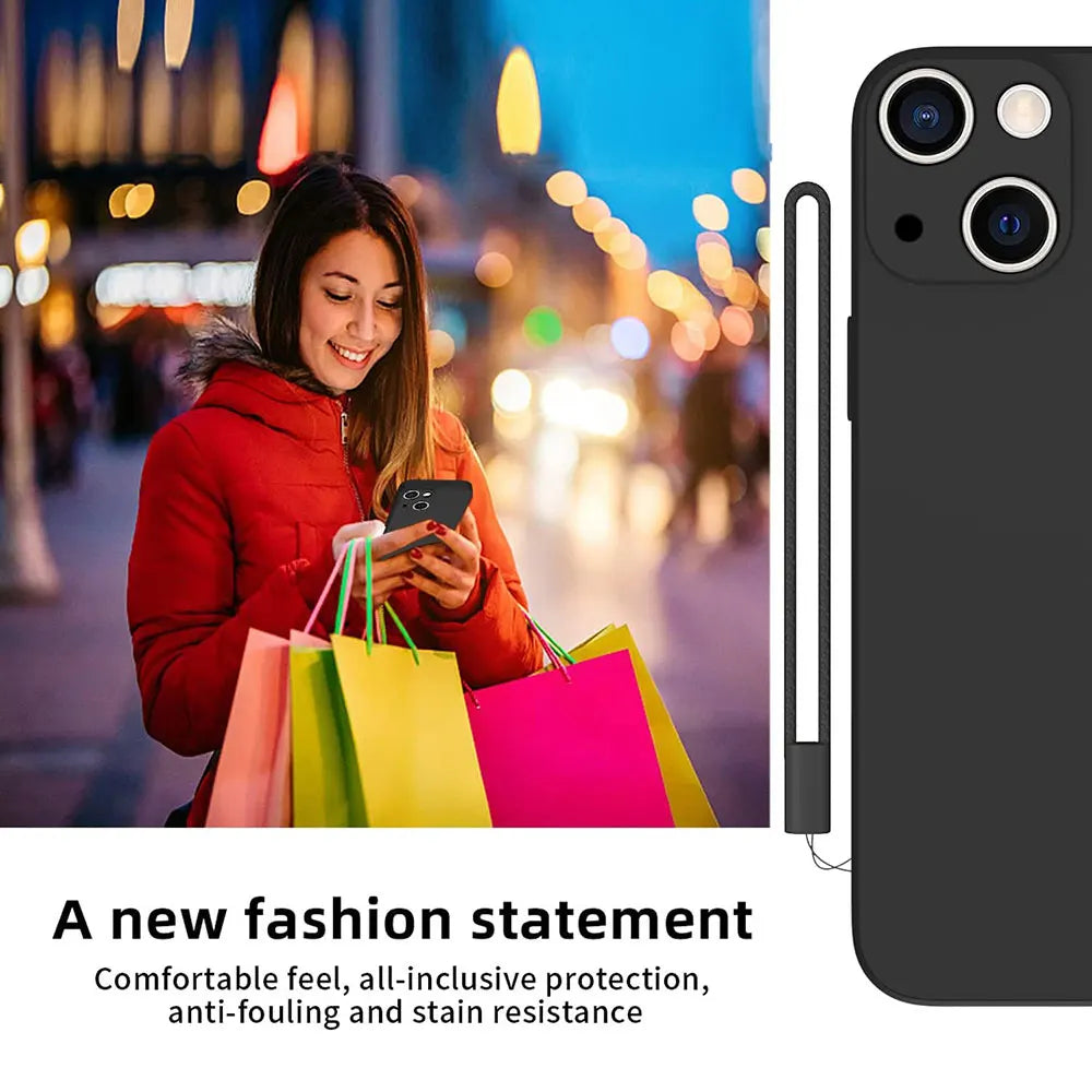 Black Lanyard Phone Case for iPhone 6–15 Pro Max – Shockproof Silicone