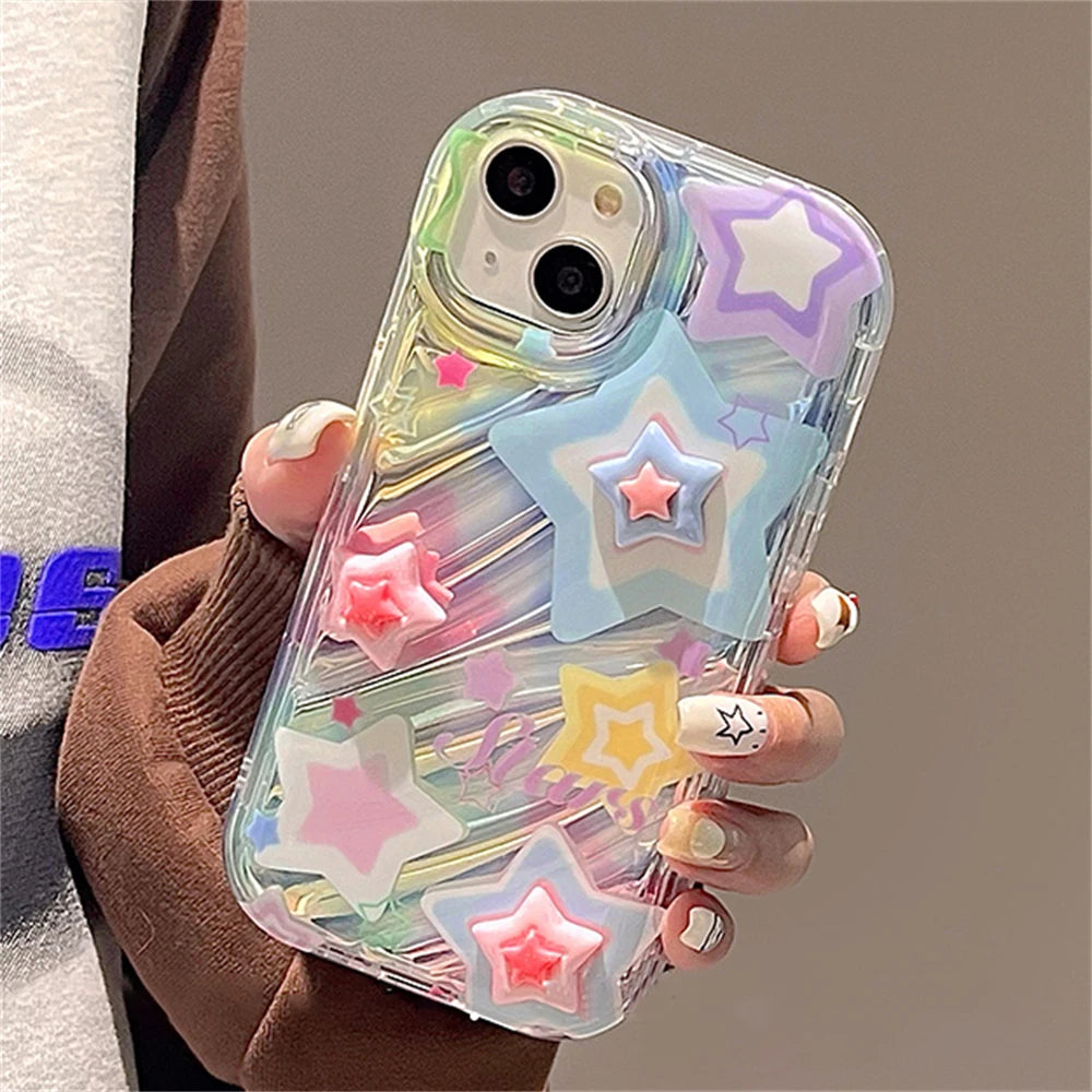 Korean Y2K 3D Star Clear Phone Case for iPhone 7–15 Pro Max – Soft & Cute