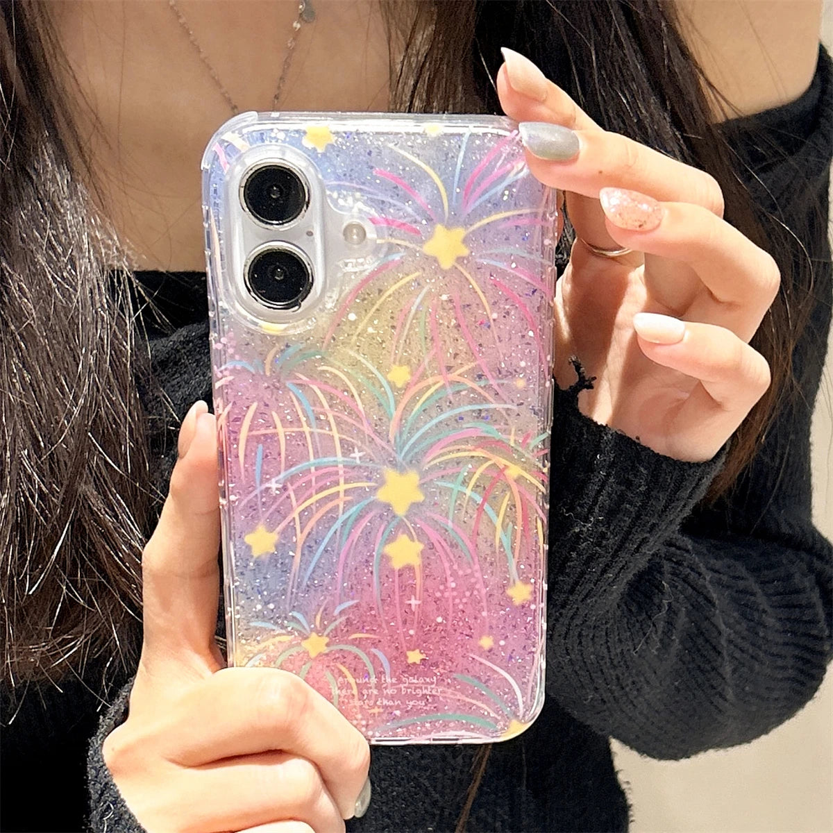 Korean Glitter Fireworks Star Case for iPhone 13–16 Pro Max – Clear & Bling