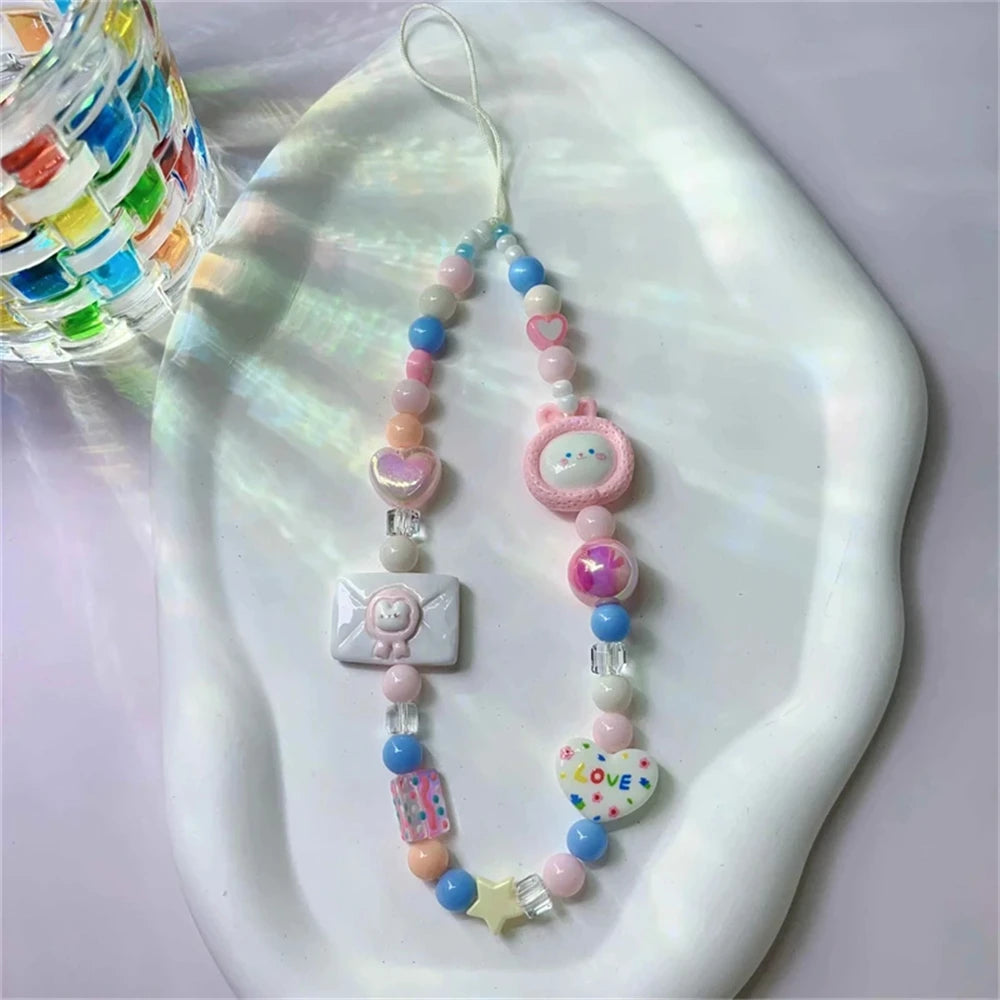 Korean Pink Rabbit Heart Star Beaded Phone Charm Lanyard for iPhone