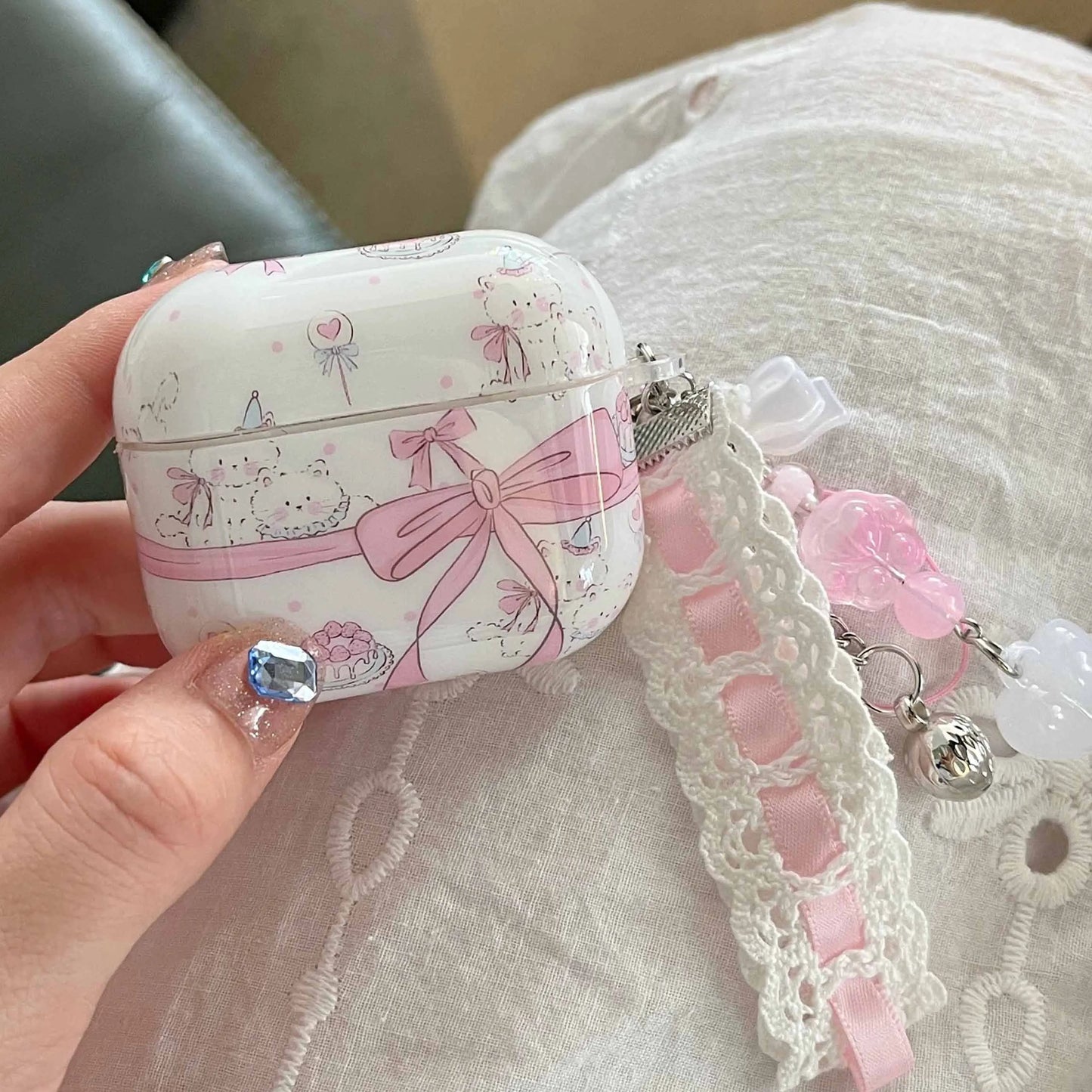 Pink Bow Crystal Pendant Cat Case for AirPods 1 3 Pro 2 2nd 4 Gen