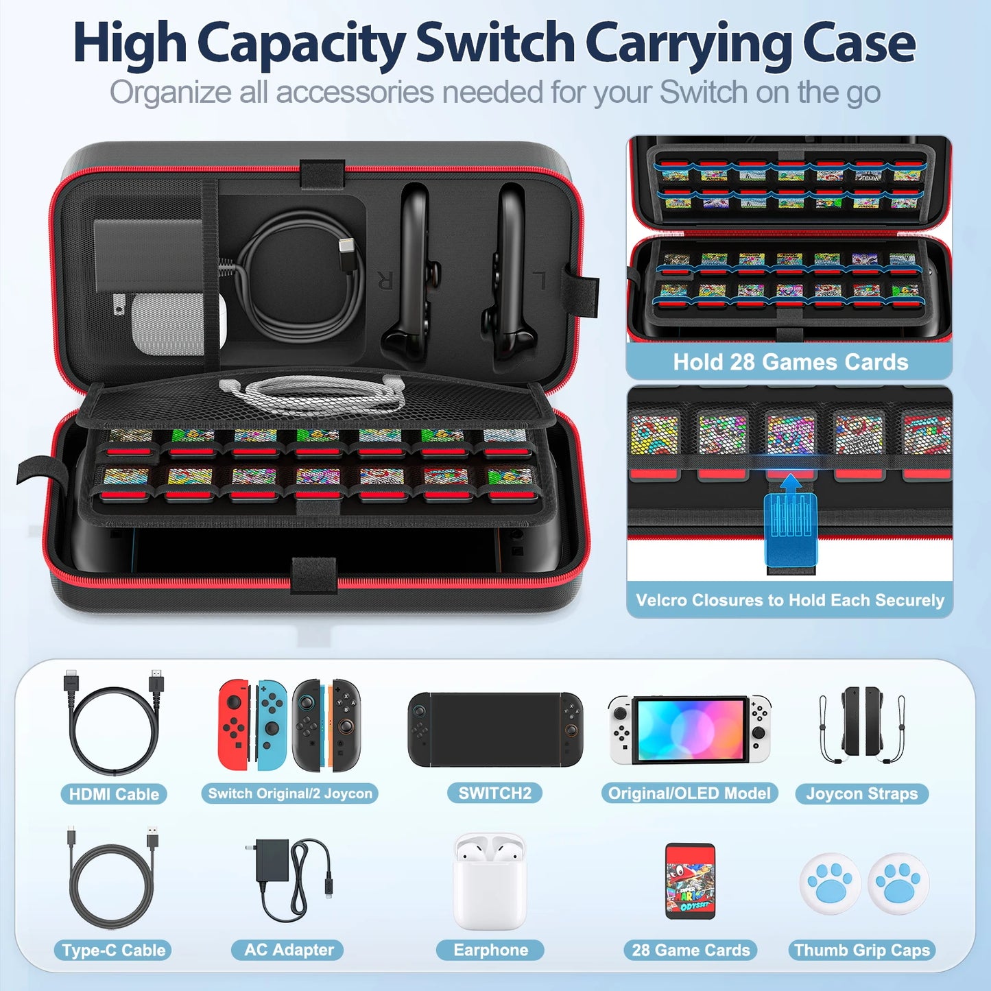 For Switch 2 & Switch Original & Switch OLED Large Storage Bag Anti-Scratch Waterproof Travel Carrying Case for Nintendo Switch