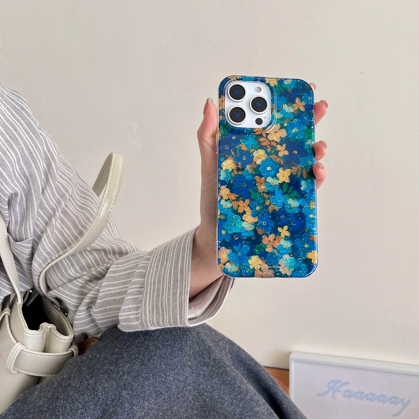 Blue Yellow Floral Gold Foil Sparkle Case for iPhone 13–16 Pro Max