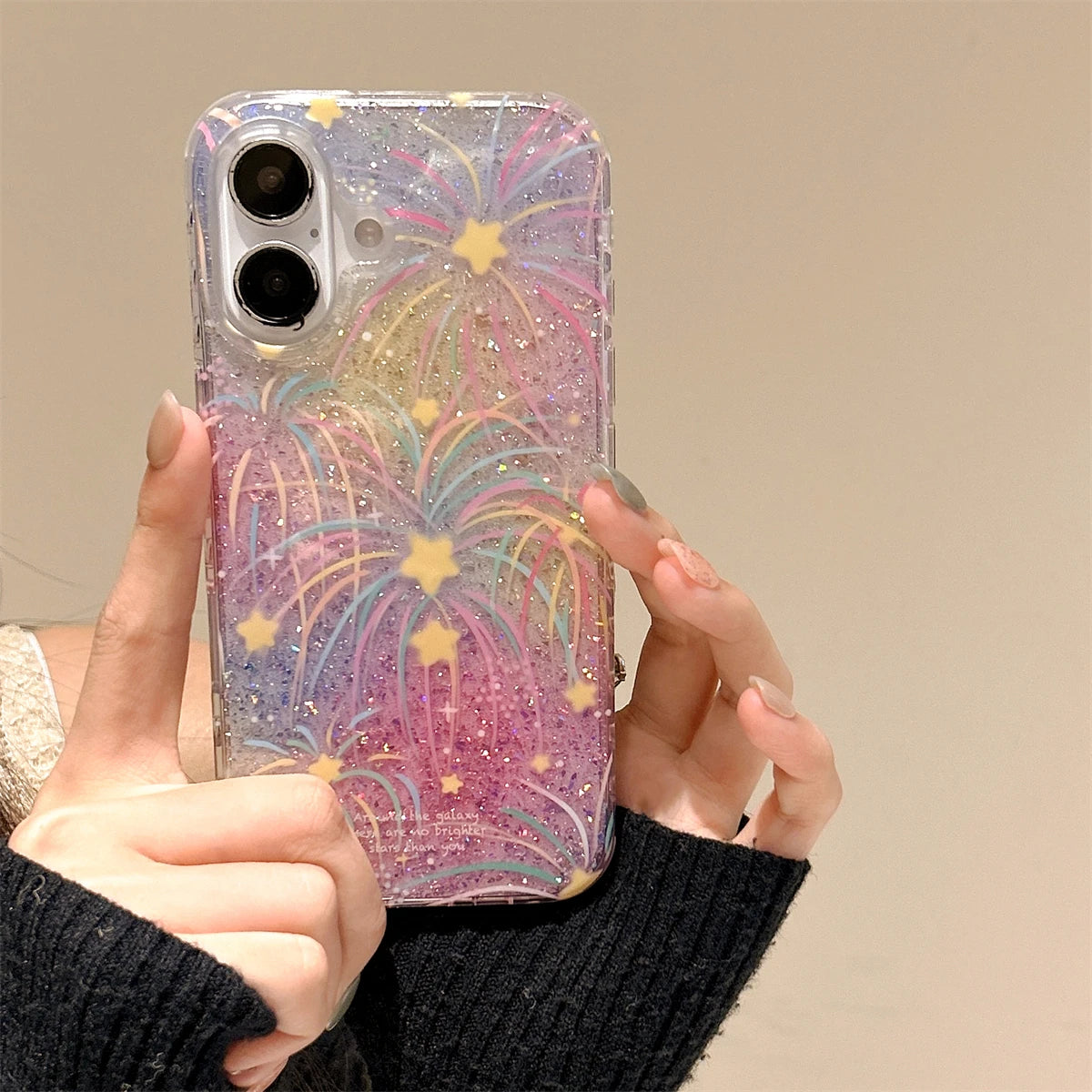 Korean Glitter Fireworks Star Case for iPhone 13–16 Pro Max – Clear & Bling