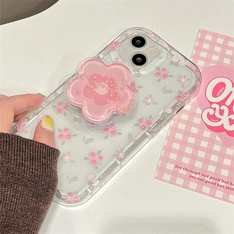 Quicksand Pink Flower Stand Case for iPhone 16 15 14 13 12 11 Pro Max