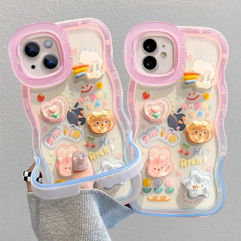 Cartoon 3D Rainbow Love Heart Phone Holder Case for iPhone 16–11 Pro Max