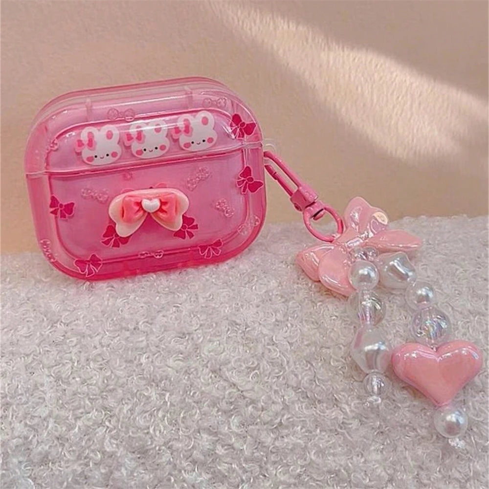 Korean 3D Bowknot Rabbit AirPods Case with Heart Pendant – Pink Soft Cover