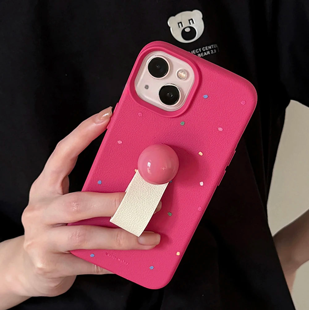 Korean 3D Colored Ball Ring Stand Leather Phone Case for iPhone 15–11 Pro Max