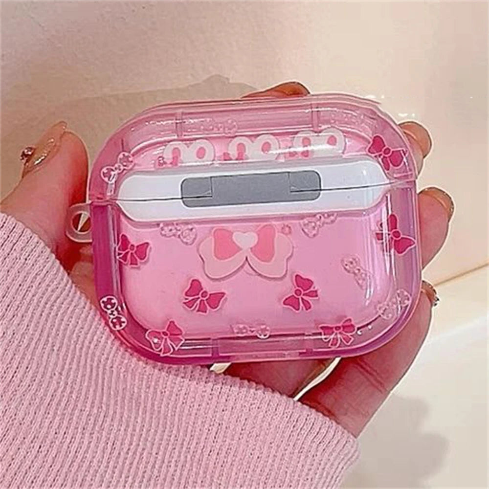 Korean 3D Bowknot Rabbit AirPods Case with Heart Pendant – Pink Soft Cover